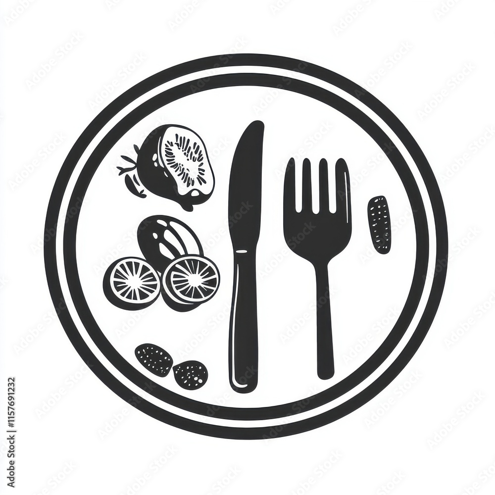 Black and white illustration of a plate with cutlery and fresh fruits on a clean background.