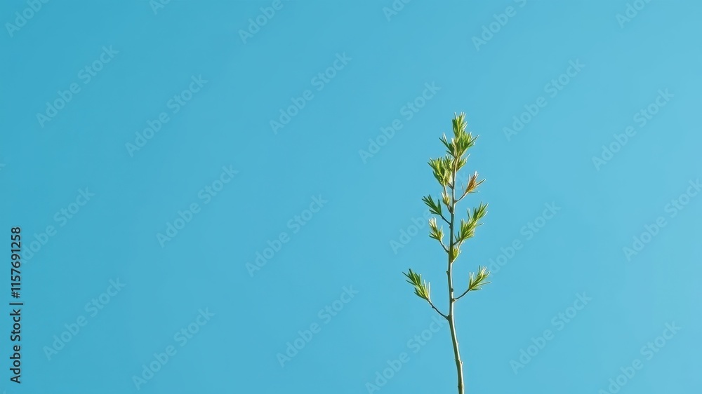 Single sprig of vibrant green leaves against a clear azure sky, conveying a sense of growth and serenity. Single sprig of vibrant green leaves against a clear azure sky, conveying a sense of growth and serenity.