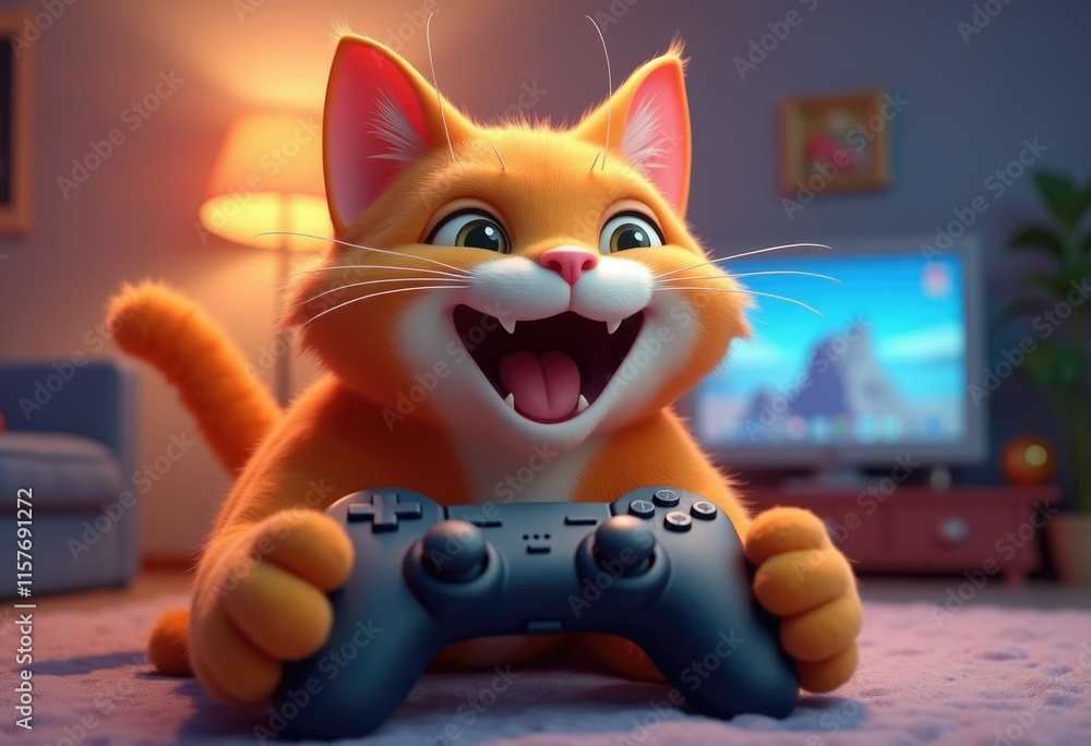 Fototapeta premium A happy orange cat playing video games with a big smile on its face