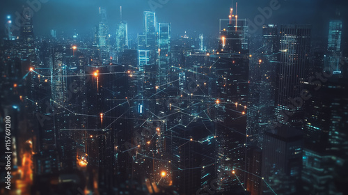 Smart digital Innovation city with connection network reciprocity over the cityscape. of future smart wireless digital city and social media networking systems that connects people with in city