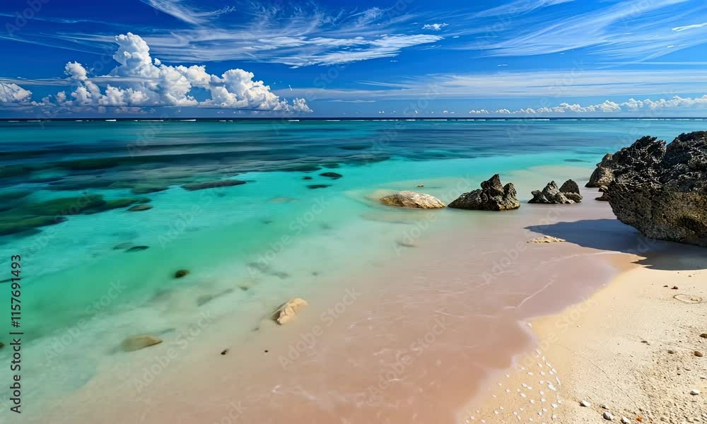 Crystal clear turquoise water, sandy beach with rocks, sunny sky and clouds