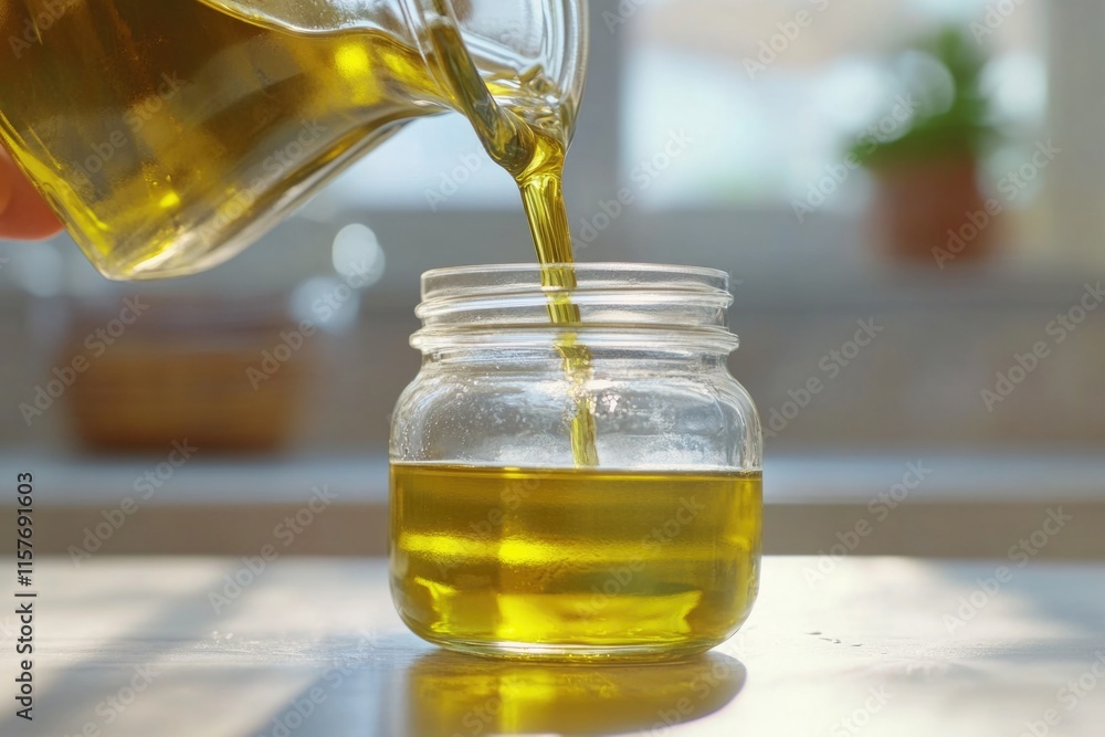 A person filling a jar with olive oil A person filling a jar with olive oil
