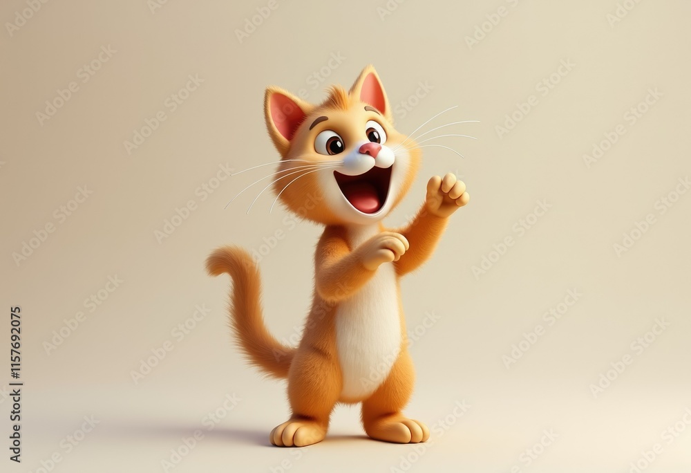 Obraz premium A cute cartoon cat with a big smile and raised paws.