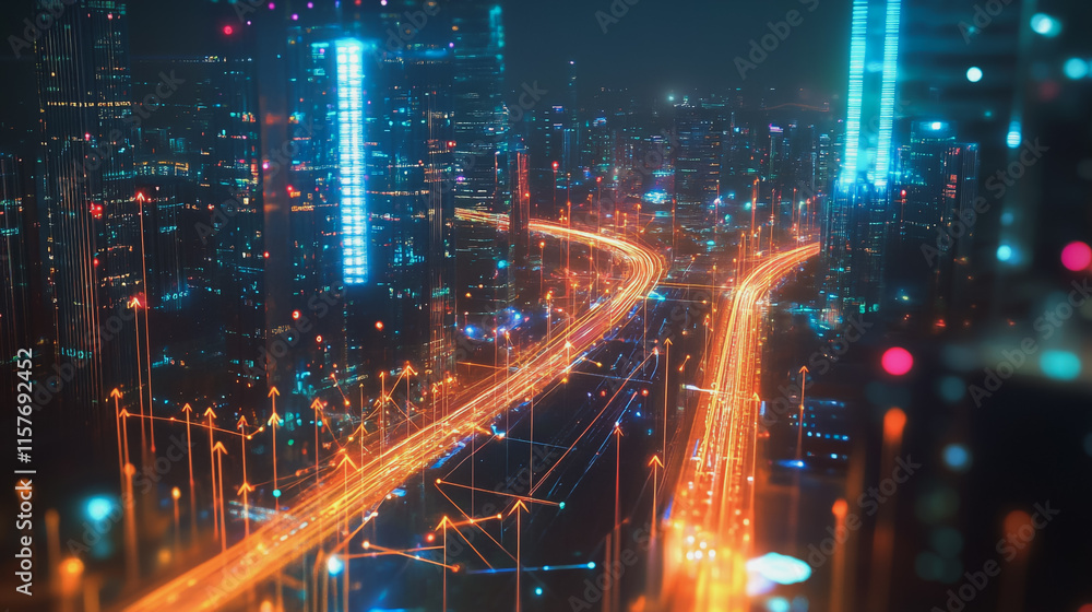 Smart digital Innovation city with connection network reciprocity over the cityscape. of future smart wireless digital city and social media networking systems that connects people with in city Smart digital Innovation city with connection network reciprocity over the cityscape. of future smart wireless digital city and social media networking systems that connects people with in city