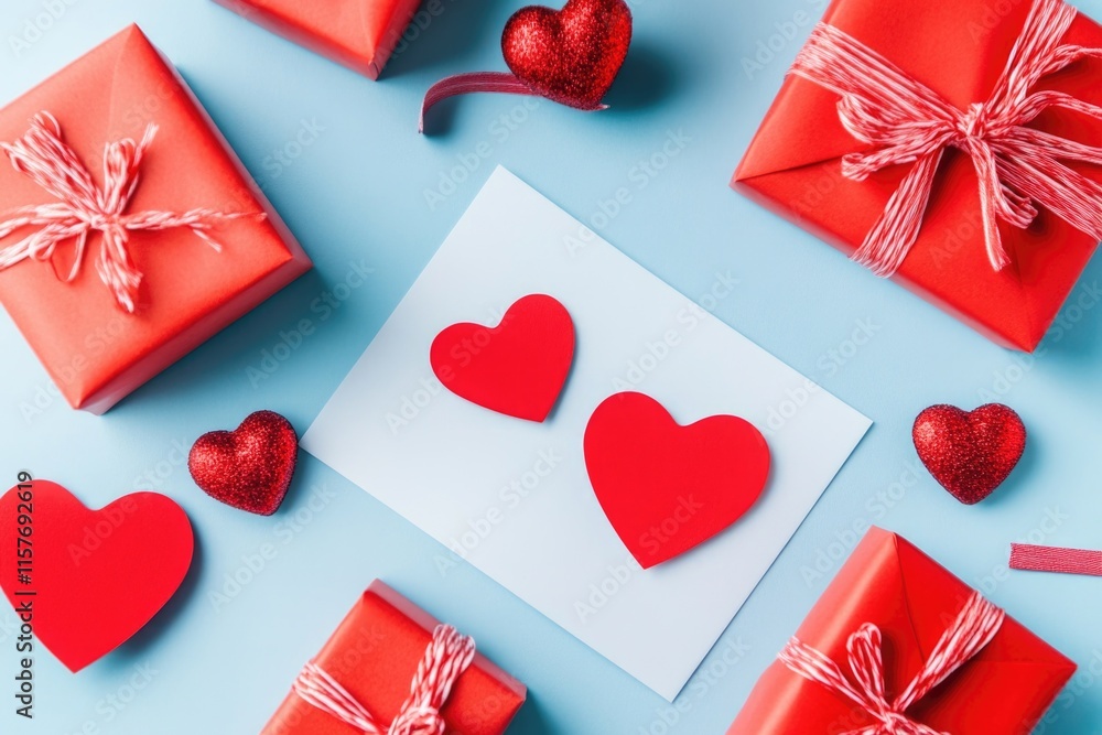 A romantic Valentine's Day scene with a loving couple and surrounded by red gift boxes A romantic Valentine's Day scene with a loving couple and surrounded by red gift boxes