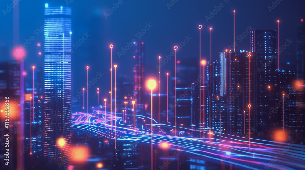 Naklejka premium Smart digital Innovation city with connection network reciprocity over the cityscape. of future smart wireless digital city and social media networking systems that connects people with in city