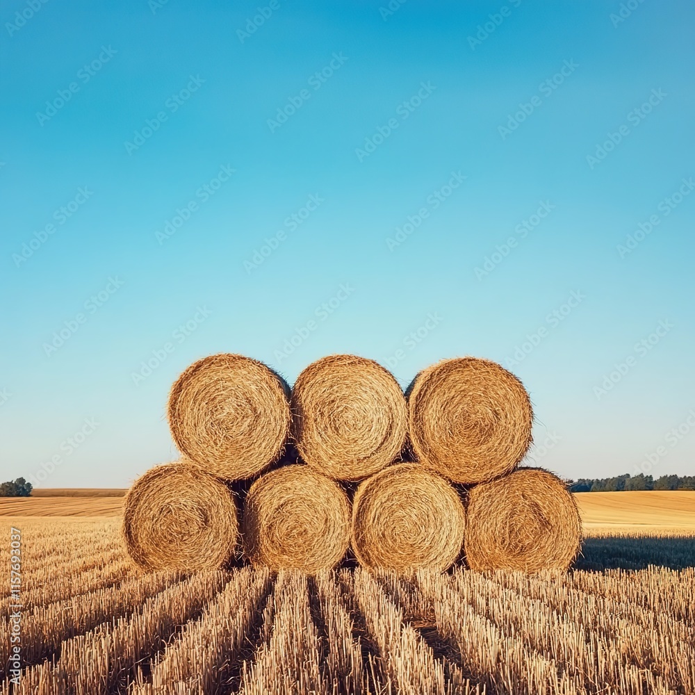 Beautiful photograph of hay bales in the middle of an open field with a clear blue sky. Beautiful photograph of hay bales in the middle of an open field with a clear blue sky.
