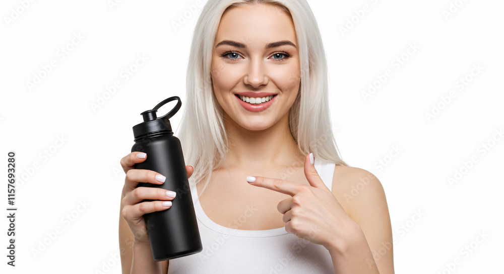 A beautiful girl pointing at a bottle of water A beautiful girl pointing at a bottle of water
