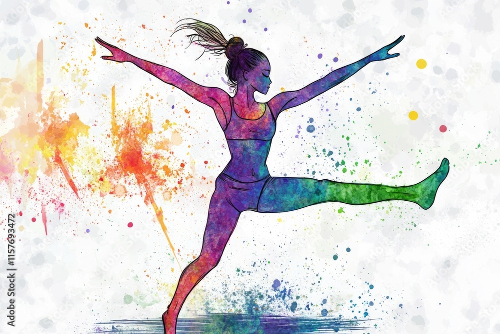 A woman doing a trick in a colorful watercolor painting A woman doing a trick in a colorful watercolor painting