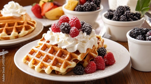 Delicious breakfast spread with two plates of golden-brown waffles topped with fresh berries, whipped cream, and powdered sugar