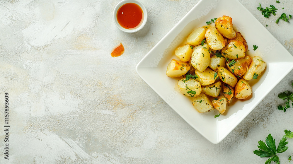 FRIED POTATOES WITH SAUCE IN A WHITE PLATE AND A WHITE BACKGROUND FRIED POTATOES WITH SAUCE IN A WHITE PLATE AND A WHITE BACKGROUND