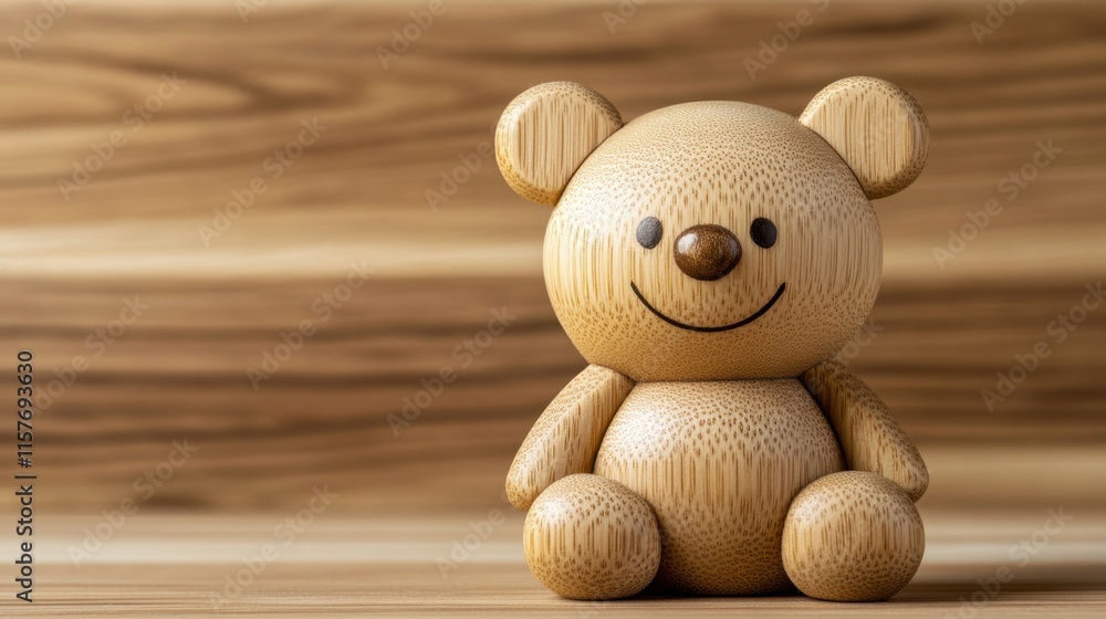 Obraz premium Small, wooden teddy bear with a smiling face sitting on a wooden surface
