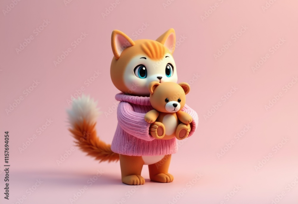 Fototapeta premium A cute cartoon cat wearing a pink sweater is holding a teddy bear.