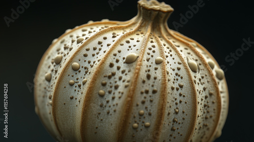 A single opium poppy pod, with its surface etched by natural grooves and tiny droplets of latex oozing out