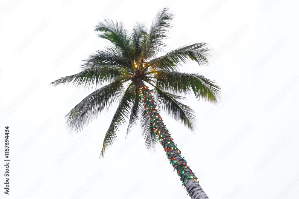 Obraz premium A palm tree decorated with Christmas lights on a cloudy day