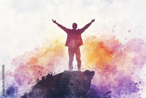 Wallpaper Mural A person stands at the top of a mountain, stretching their arms in triumph Torontodigital.ca