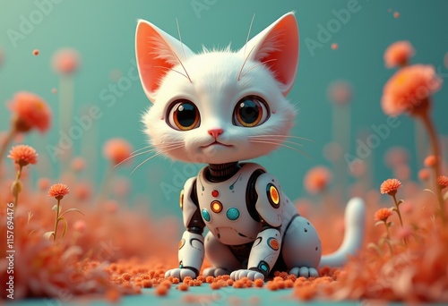 A white robotic cat with large eyes sits in a field of orange flowers. photo