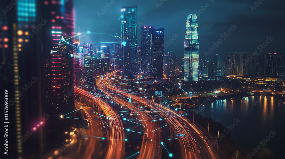 Smart digital Innovation city with connection network reciprocity over the cityscape. of future smart wireless digital city and social media networking systems that connects people with in city Smart digital Innovation city with connection network reciprocity over the cityscape. of future smart wireless digital city and social media networking systems that connects people with in city