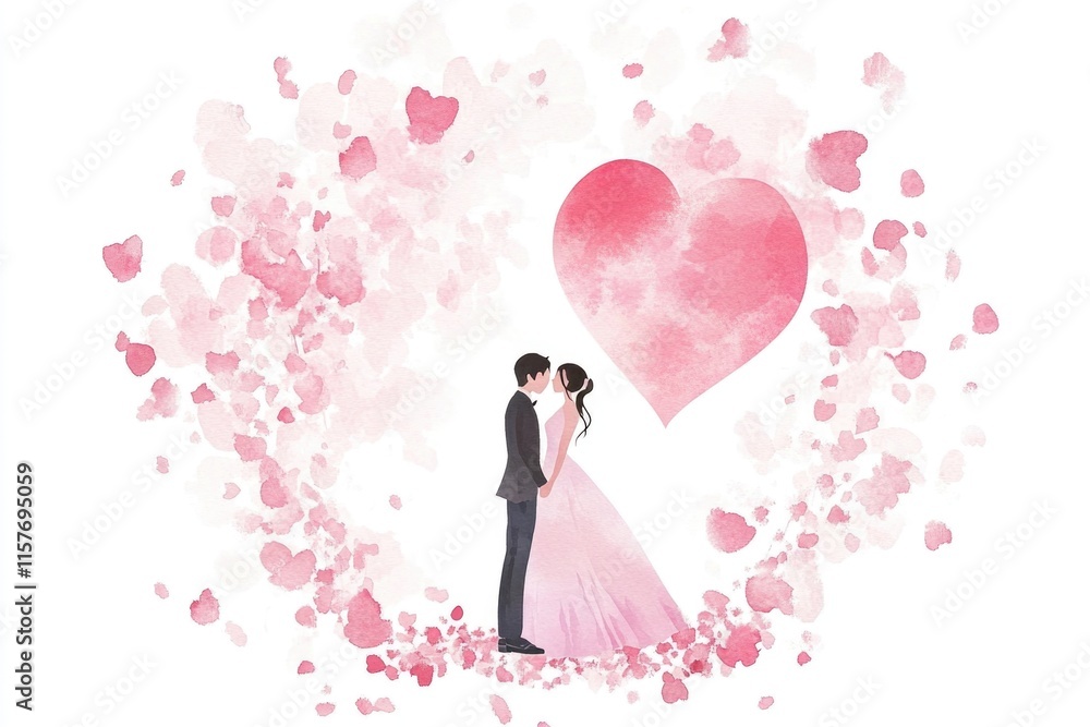 A romantic couple standing together in front of a giant heart, perfect for love and relationship themes A romantic couple standing together in front of a giant heart, perfect for love and relationship themes