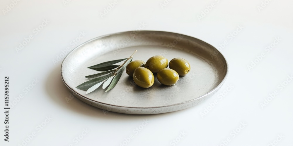 A simple and elegant arrangement of olives on a sleek grey plate. The fresh green olives are complemented by leafy accents. Ideal for food photography and culinary art. AI A simple and elegant arrangement of olives on a sleek grey plate. The fresh green olives are complemented by leafy accents. Ideal for food photography and culinary art. AI