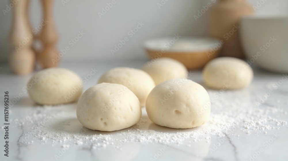 Fresh dough balls dusted with flour on a marble surface Fresh dough balls dusted with flour on a marble surface