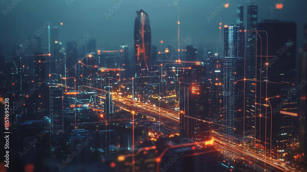 custom made wallpaper toronto digitalSmart digital Innovation city with connection network reciprocity over the cityscape. of future smart wireless digital city and social media networking systems that connects people with in city