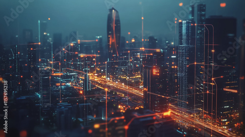 Wallpaper Mural Smart digital Innovation city with connection network reciprocity over the cityscape. of future smart wireless digital city and social media networking systems that connects people with in city Torontodigital.ca