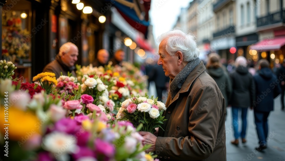 An elderly man chooses a bouquet at a flower fair on a city street An elderly man chooses a bouquet at a flower fair on a city street