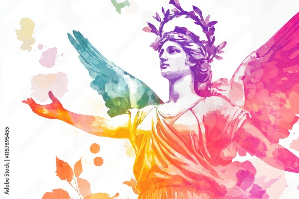 A detailed statue of an angel with a floral wreath adorning its head, perfect for use in faith-based or inspirational contexts