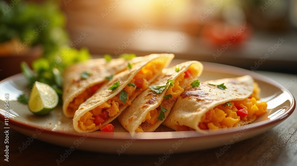 Cheesy quesadillas with vegetables on a plate Cheesy quesadillas with vegetables on a plate