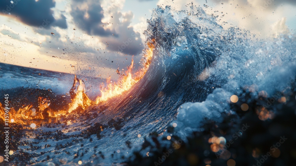 Naklejka premium Dynamic clash of ocean waves with flames illuminating the horizon at sunset