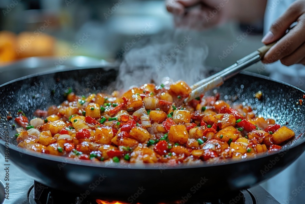 A frying pan filled with food on top of a stove A frying pan filled with food on top of a stove