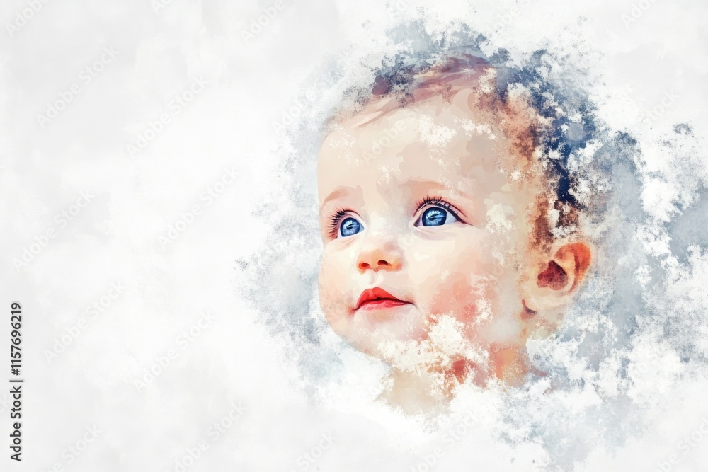A little one gazes up at the clear blue sky, curious and full of wonder A little one gazes up at the clear blue sky, curious and full of wonder