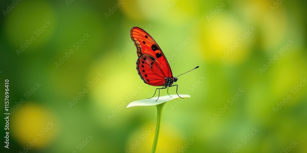 A Vibrant Red Butterfly Perched Gently on a Lush Green Leaf A Vibrant Red Butterfly Perched Gently on a Lush Green Leaf