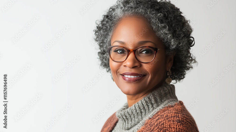 Mature Woman with Short Natural Gray Hair Smiling Warmly Wearing Eyeglasses and a Gray and Brown Sweater Professional Look White Background Mature Woman with Short Natural Gray Hair Smiling Warmly Wearing Eyeglasses and a Gray and Brown Sweater Professional Look White Background