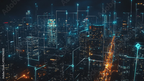 Wallpaper Mural Smart digital Innovation city with connection network reciprocity over the cityscape. of future smart wireless digital city and social media networking systems that connects people with in city Torontodigital.ca