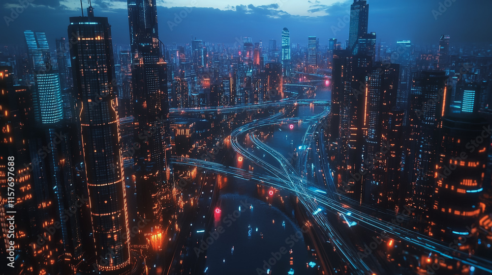 Smart digital Innovation city with connection network reciprocity over the cityscape. of future smart wireless digital city and social media networking systems that connects people with in city Smart digital Innovation city with connection network reciprocity over the cityscape. of future smart wireless digital city and social media networking systems that connects people with in city