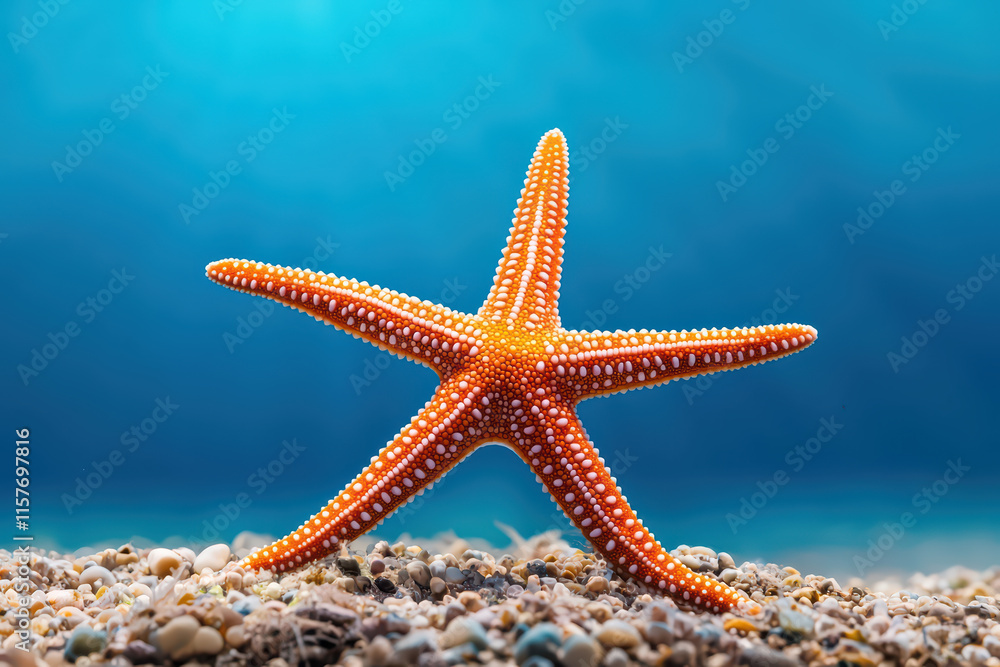 vibrant orange starfish resting on ocean floor, surrounded by pebbles and sand, showcasing its unique texture and colors vibrant orange starfish resting on ocean floor, surrounded by pebbles and sand, showcasing its unique texture and colors