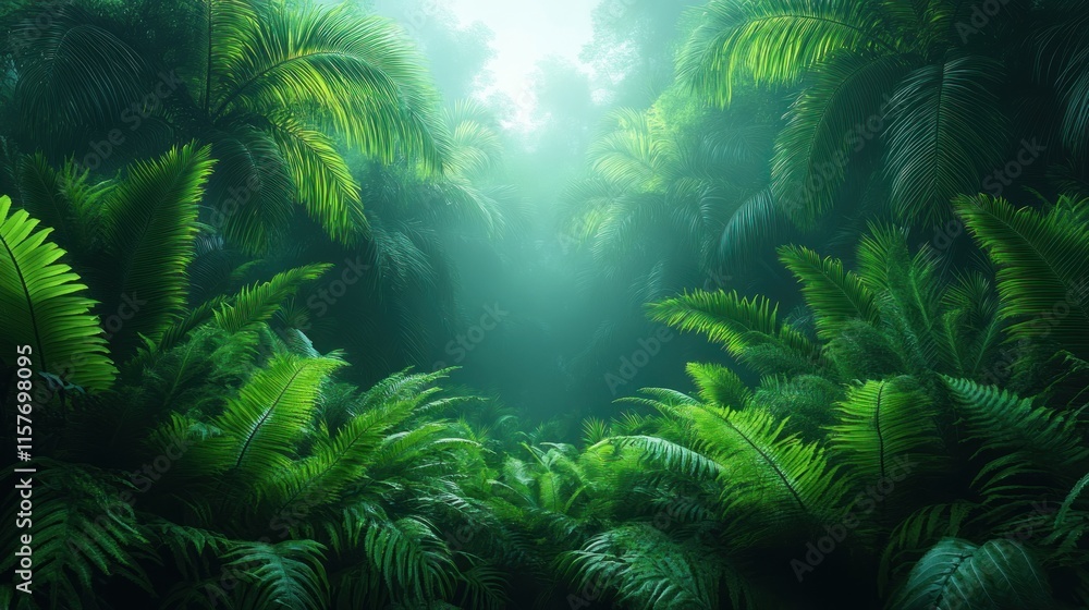 Lush green tropical jungle path with misty sunlight. Lush green tropical jungle path with misty sunlight.