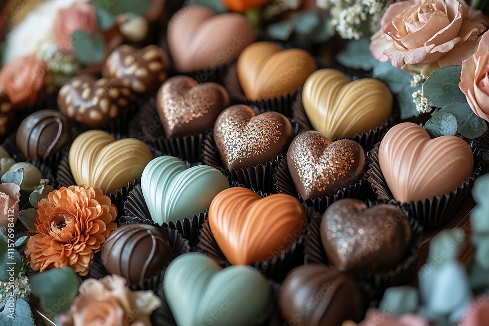 A selection of heart-shaped chocolates and candies displayed in a decorative arrangement with flowers and ribbons for Valentine's Day A selection of heart-shaped chocolates and candies displayed in a decorative arrangement with flowers and ribbons for Valentine's Day