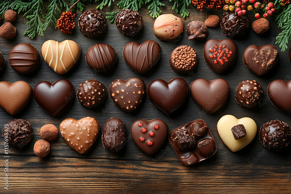 A selection of heart-shaped chocolates and candies displayed in a decorative arrangement with flowers and ribbons for Valentine's Day A selection of heart-shaped chocolates and candies displayed in a decorative arrangement with flowers and ribbons for Valentine's Day
