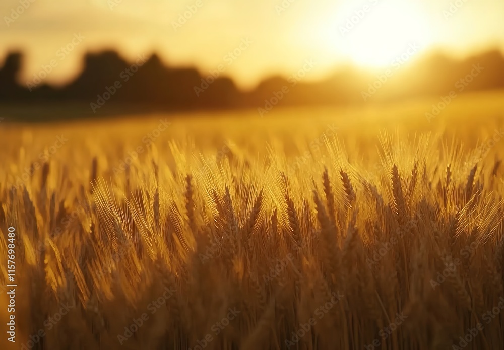 Fototapeta premium Wheat field at sunset, golden wheat ears in the foreground with a blurred background of fields and trees.