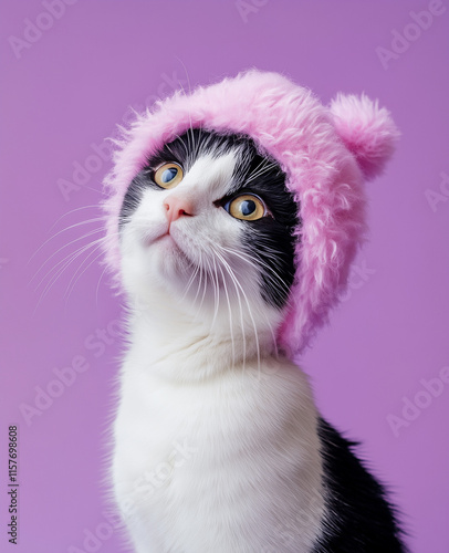 A black and white cat with pink fur on its head, wearing an oversized cotton candy-like hat, posed against a purple background in a studio portrait.