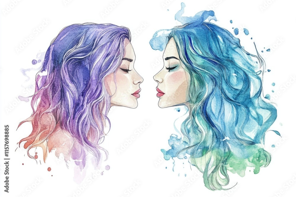 Two women with vibrant blue and purple hairstyles Two women with vibrant blue and purple hairstyles