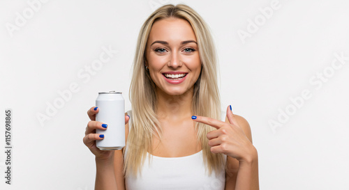 A beautiful girl pointing at a soda can