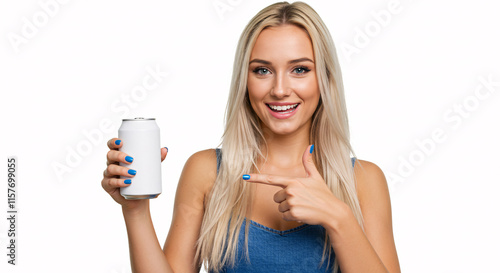 A beautiful girl pointing at a soda can