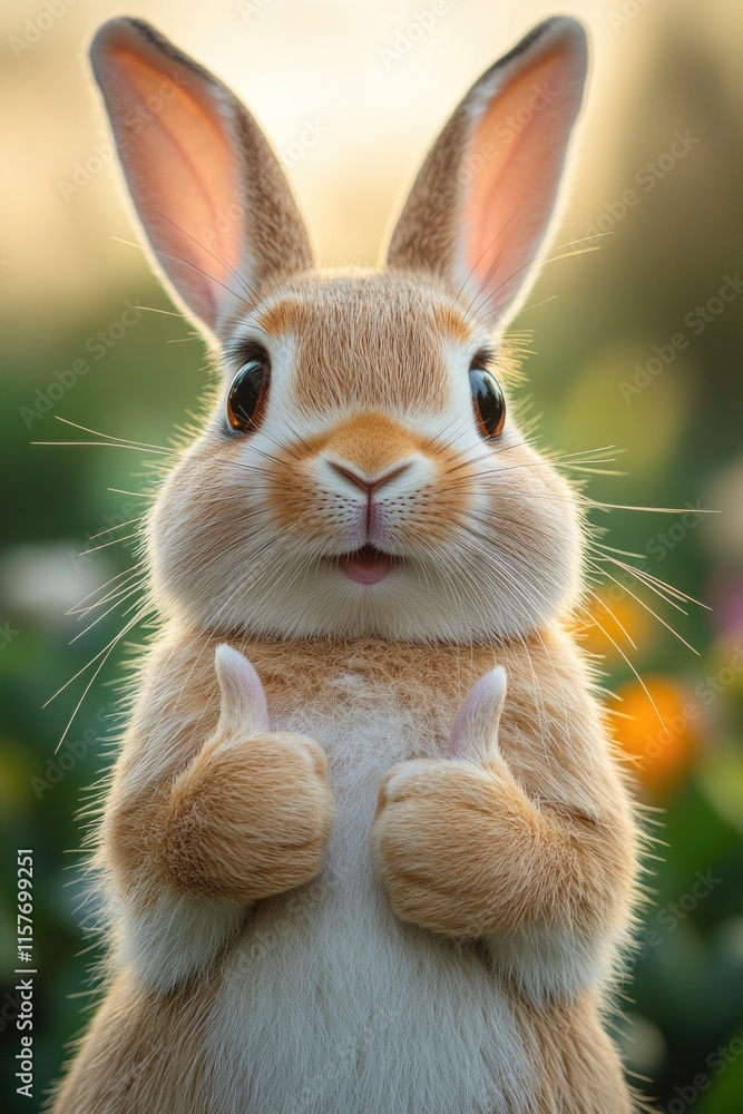 Fototapeta premium Close-up shot of a rabbit in an upright position, showcasing its agility and unusual stance
