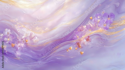 Serene lavender and gold Valentine abstract with flowing floral heart motifs, soft glowing waves and gentle pastel accents photo