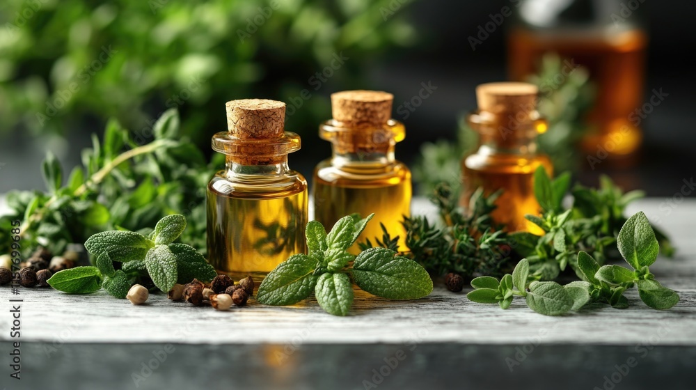 A collection of glass bottles filled with various herbs on a wooden table A collection of glass bottles filled with various herbs on a wooden table