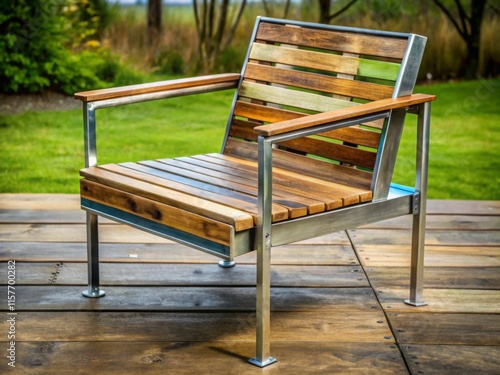 Modern Outdoor Wooden and Metal Armchair on a Wooden Deck